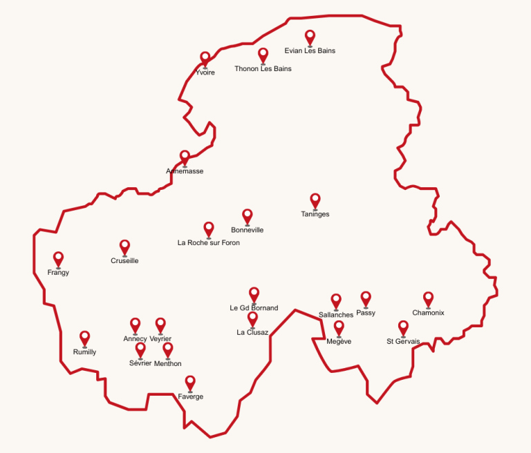 74 NETT propose tous types de nettoyages dans l'ensemble du département de la Haute-Savoie L'agence de nettoyage 74 NETT présente la carte de ses lieux d'interventions dans l'ensemble de la Haute-Savoie